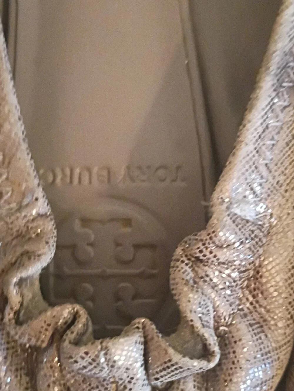 Tory Burch Metallic Silver Logo Ballet Flats - Women's